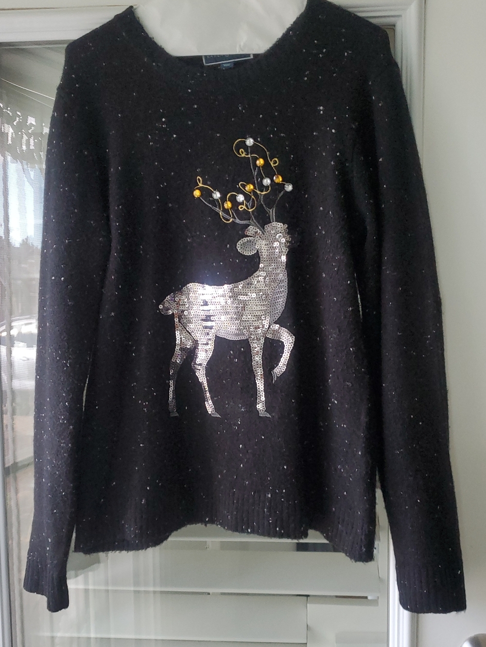 Karen Scott Black Sequin Reindeer Crewneck Sweater with Gold Accents